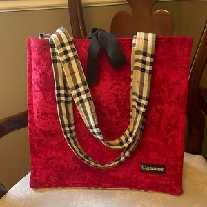Adorable red chenille, textured corduroy, plaid Bag Daddy tote in EUC